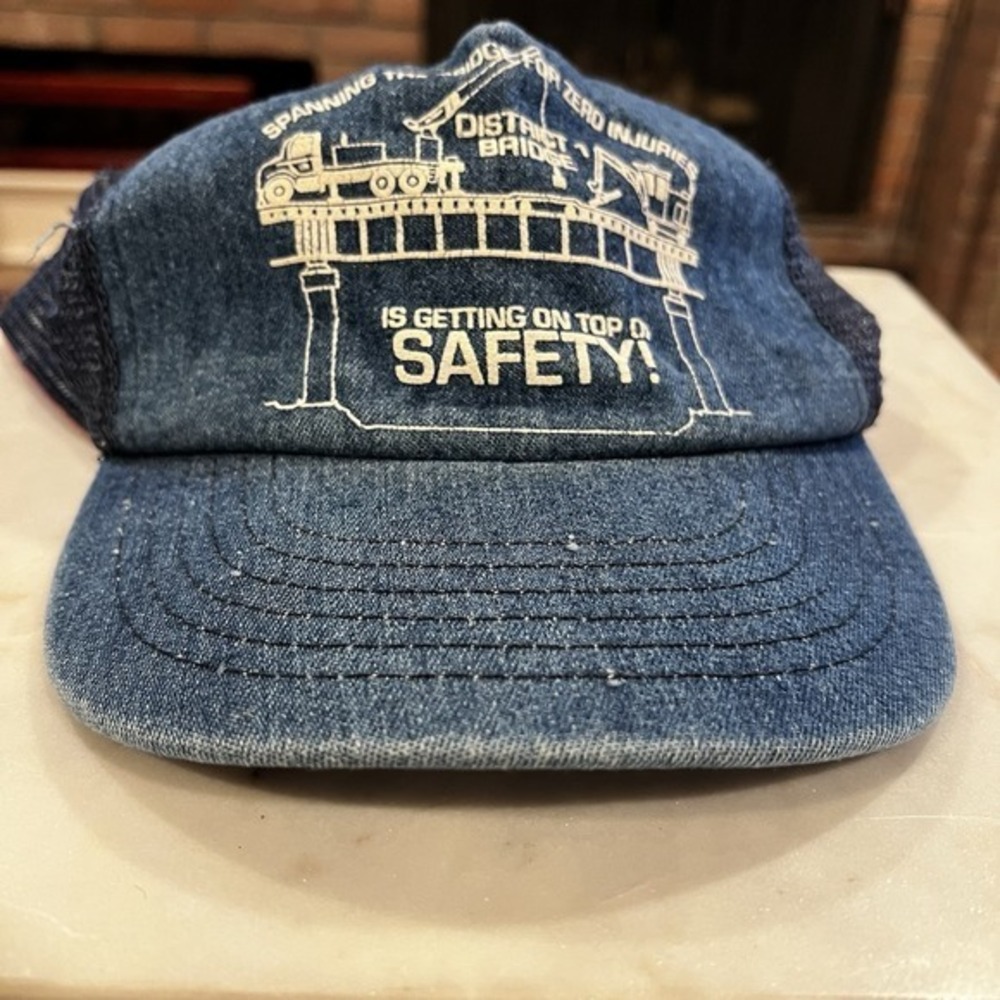 Vintage District 1 Bridge Safety‎ Trucker Hat Denim Mesh Snapback USA - Picture 4 of 5